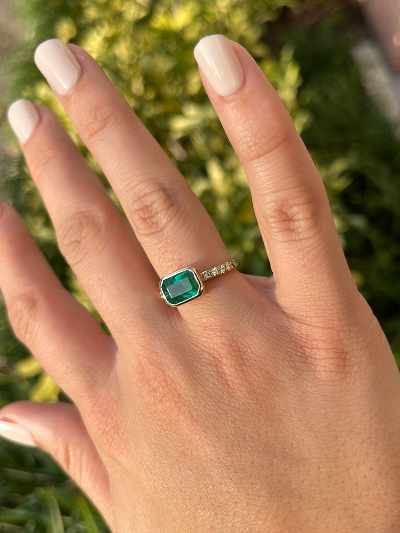 2.62tcw 14K Gold Natural Emerald Cut East Wes Bezel Set & Diamond