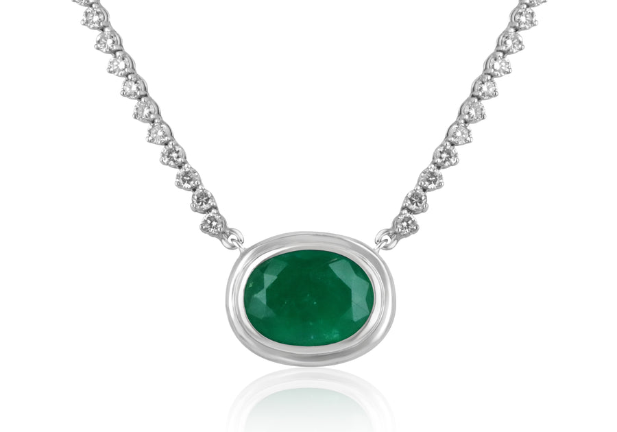 Oval Cut Emerald and Diamond Halo Pendant Necklace, 14K White Gold