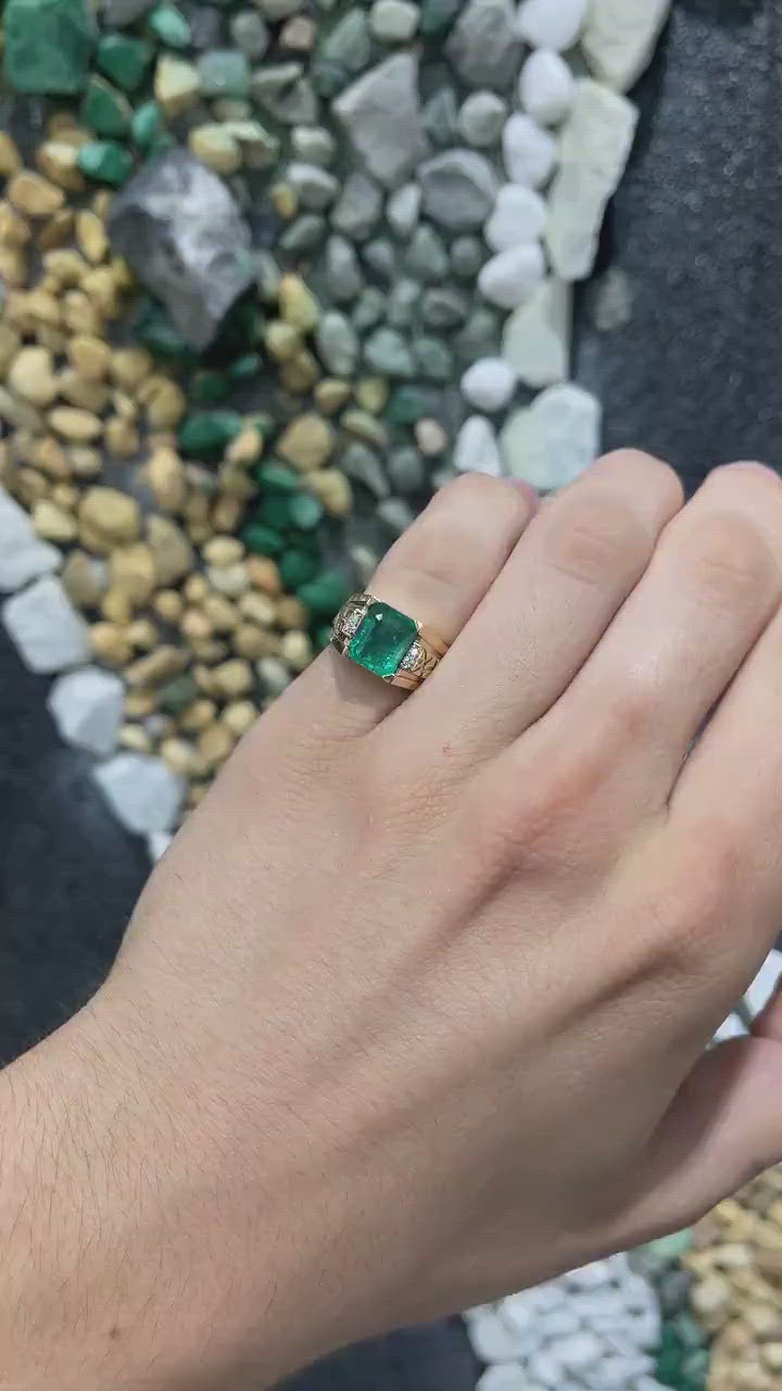 3.31tcw 14K Natural Emerald and Diamond Mens Statement Ring Video