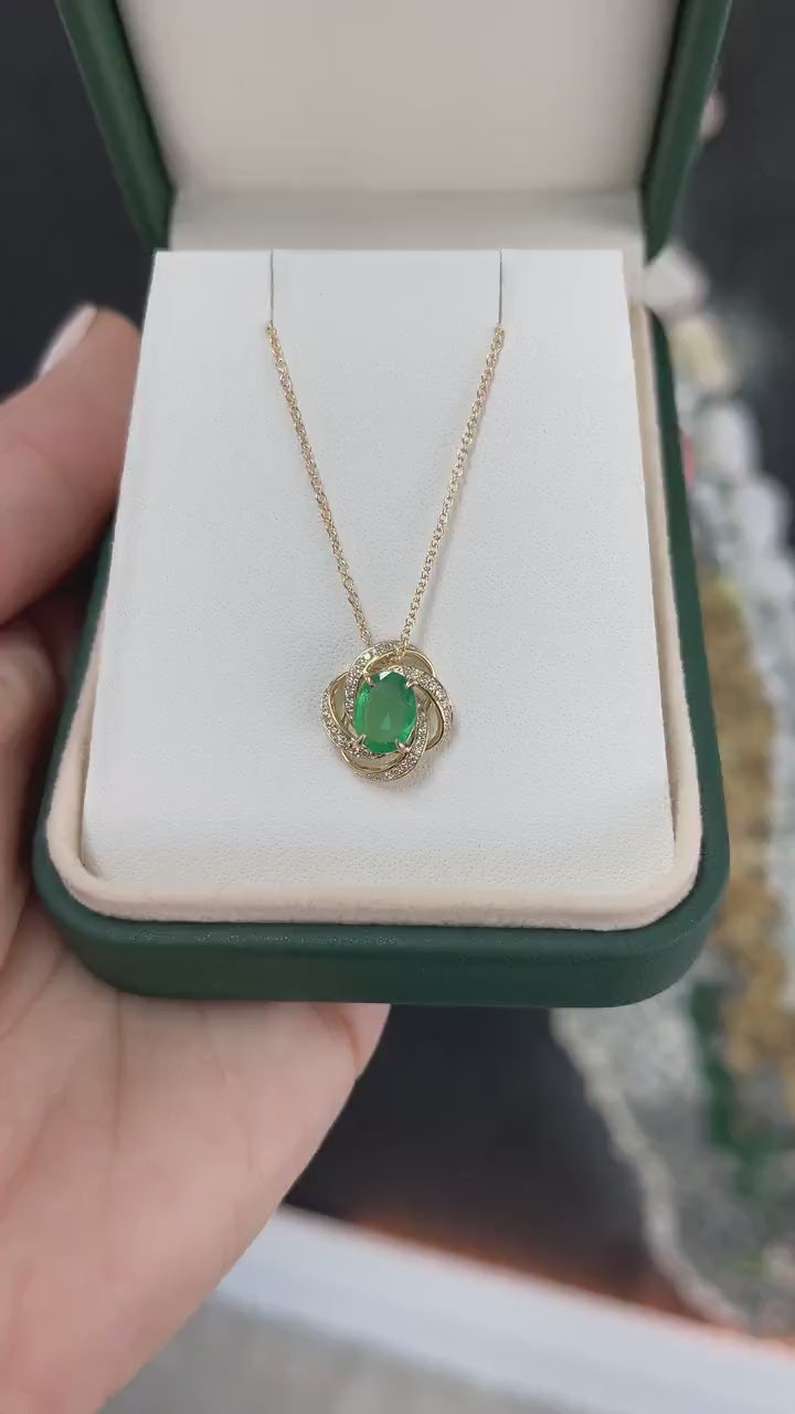 1.48tcw 14K Natural Oval Green Emerald & Diamond Floral Necklace