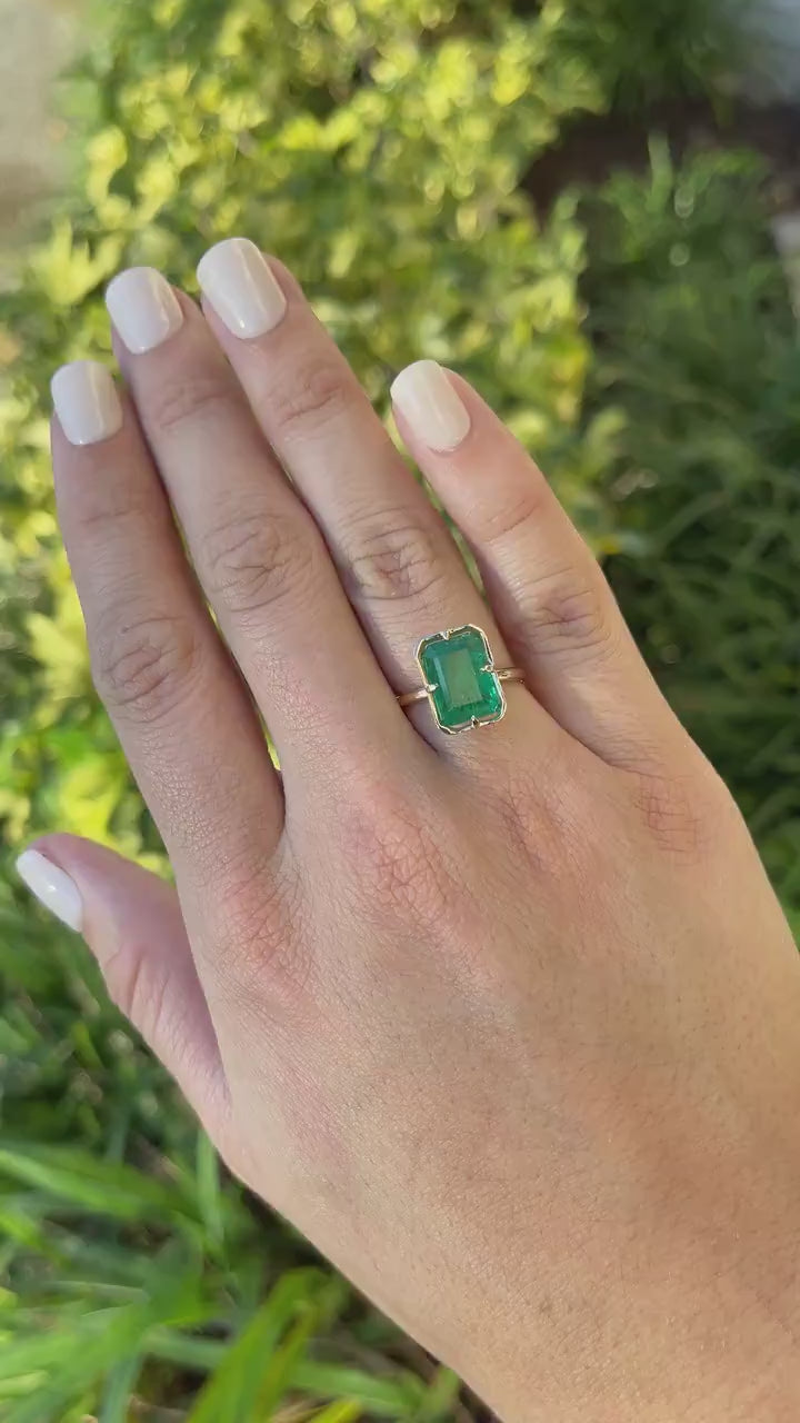 5.76cts 14K 4 Prong Offset Georgian Emerald Cut Solitaire Gold Ring