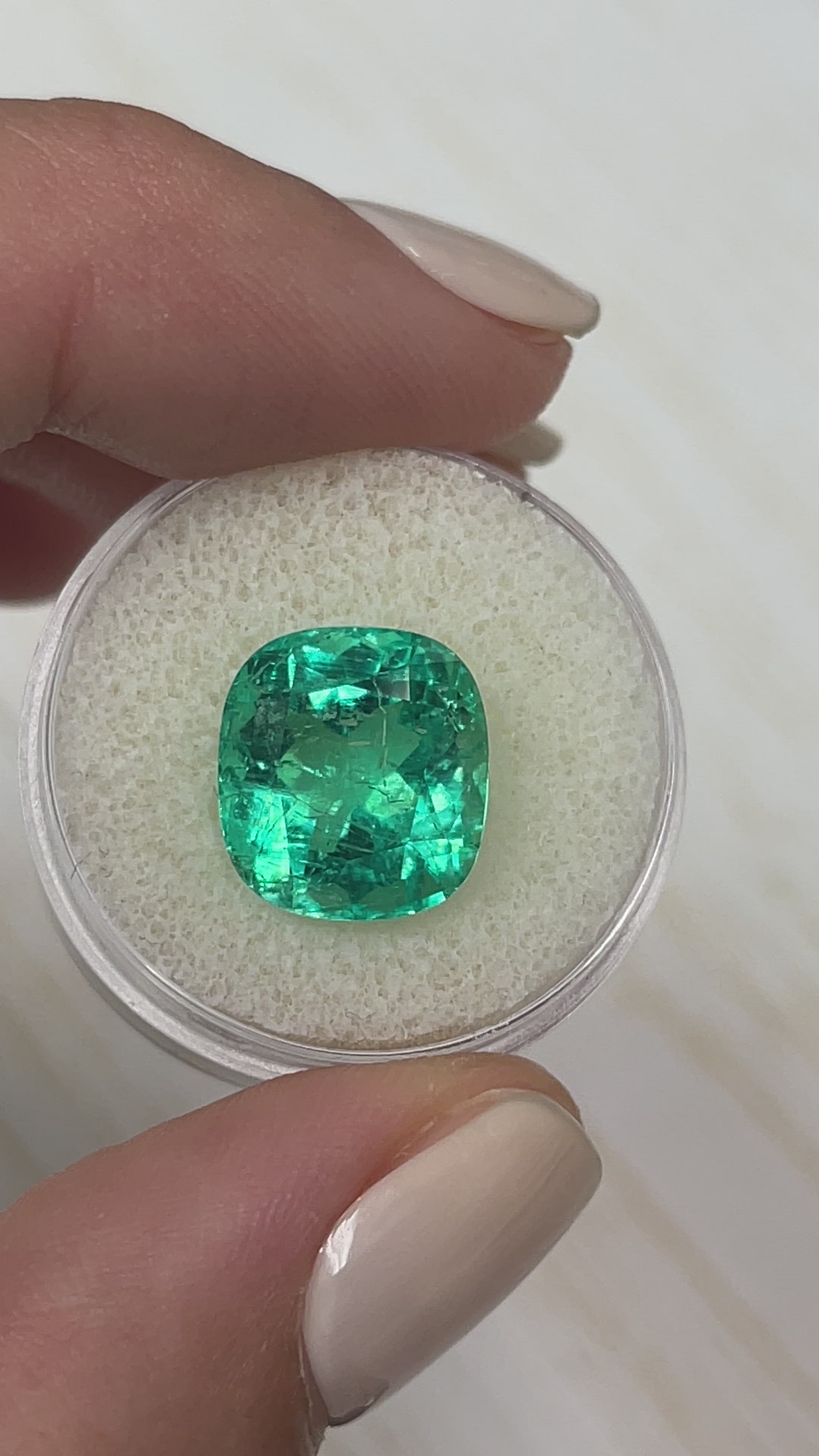 8.46 Carat GIA 13x12 Lustrous Bluish Green Natural Loose Cushion Cut Colombian Emerald