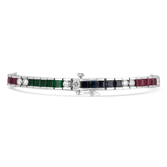 13.17tcw Fine Quality Hand Calibrated Emerald Sapphire Ruby & Diamond Tennis Bracelet