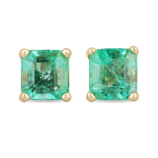 2.05tcw 5.5x5.5 Asscher Cut Emerald Screw Back Studs 14K - JR Colombian Emeralds