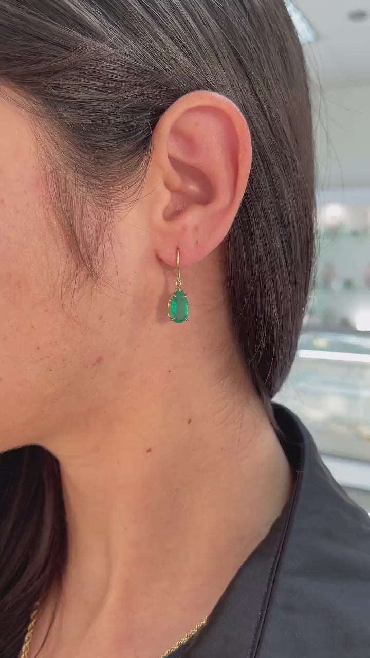 5.0tcw 18K Natural Lush Dark Green Teardrop Emerald Dangles Hook Earrings