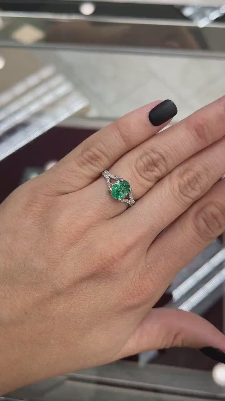 Natural Emerald Oval & Diamond Split Shank Engagement Ring Video