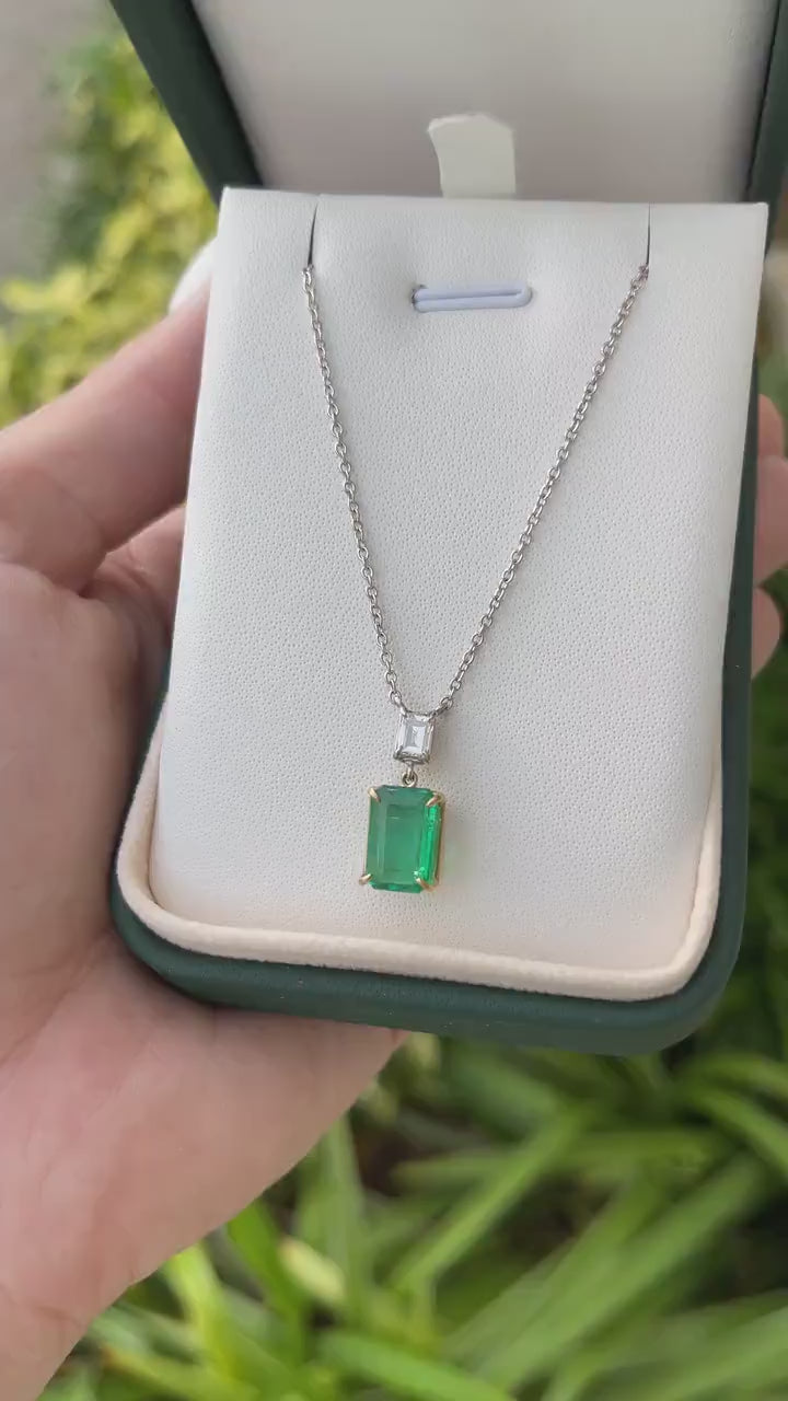 3.13tcw Genuine Dark Strong Green Emerald Cut Diamond Two-Toned Gold Necklace