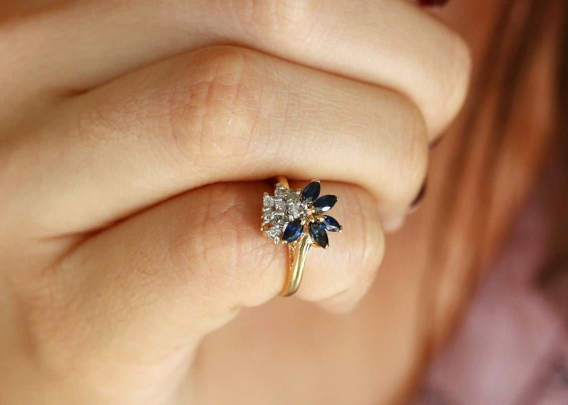 marquise blue sapphire and white diamond vintage ring