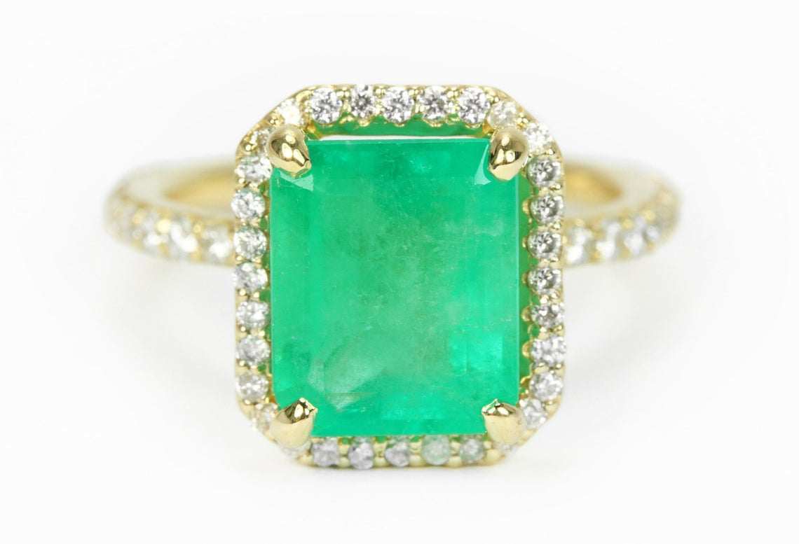 Emerald & Double Shank Diamond Engagement Ring 14K