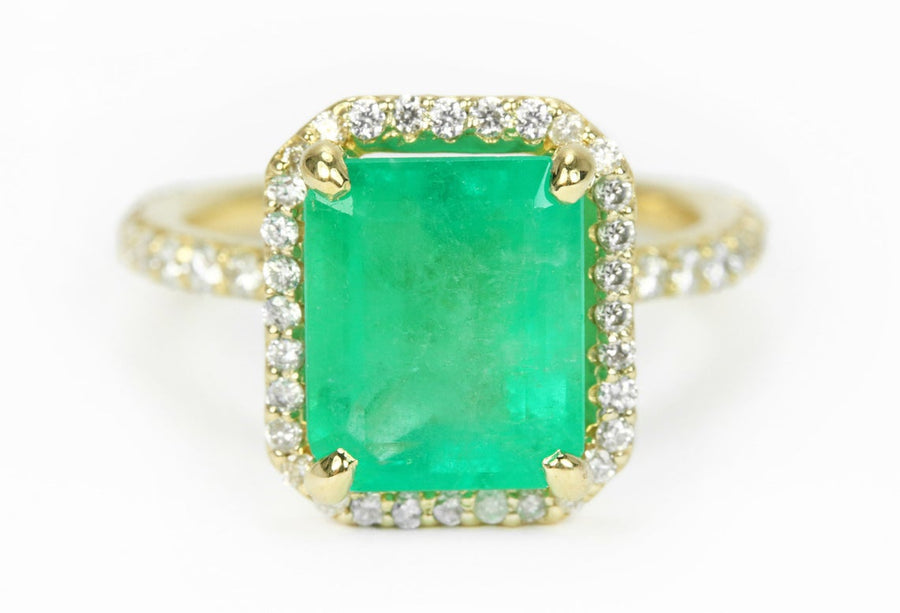 Emerald & Double Shank Diamond Engagement Ring 14K
