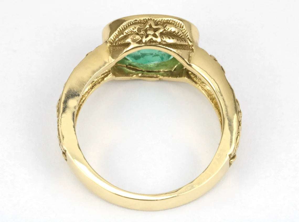 2.10 Carat Oval Emerald Floral Motif Solitaire Gold Ring 14K - JR Colombian Emeralds