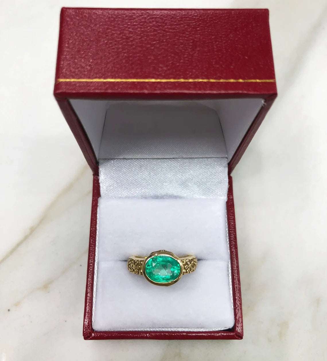 2.10 Carat Oval Emerald Floral Motif Solitaire Gold Ring 14K - JR Colombian Emeralds