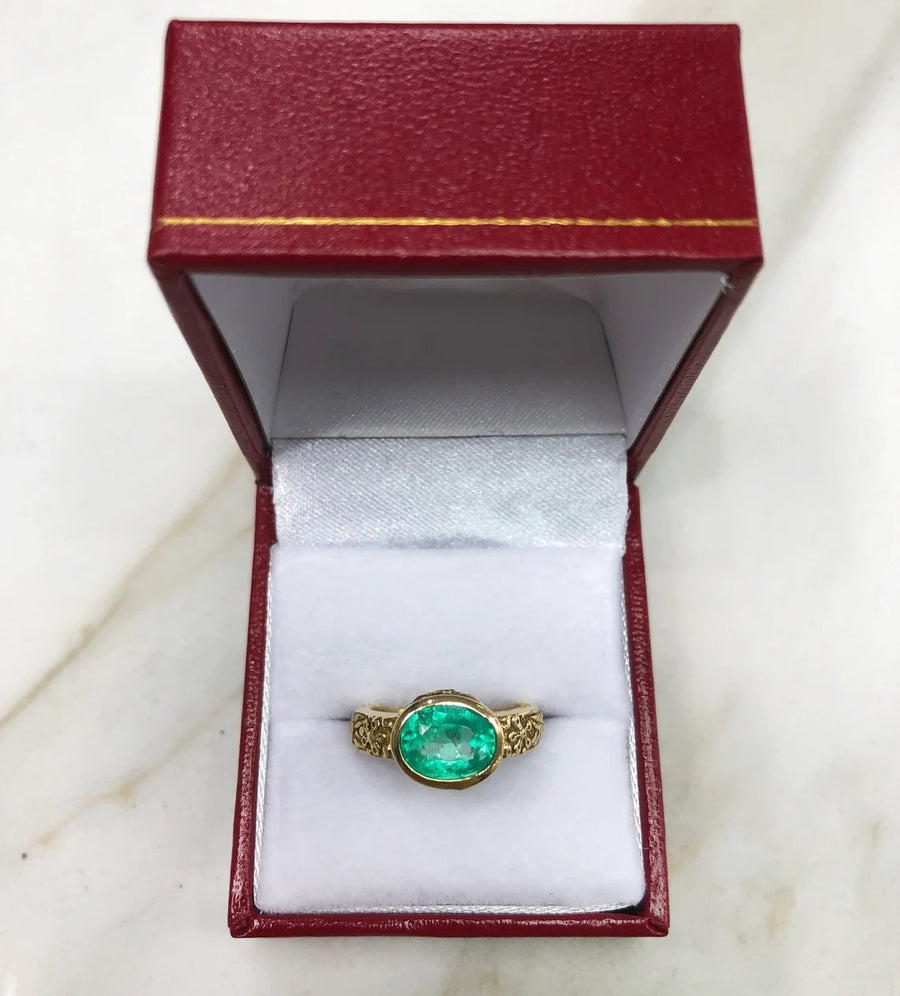 2.10 Carat Oval emerald Floral Motif Solitaire Gold Ring 14K