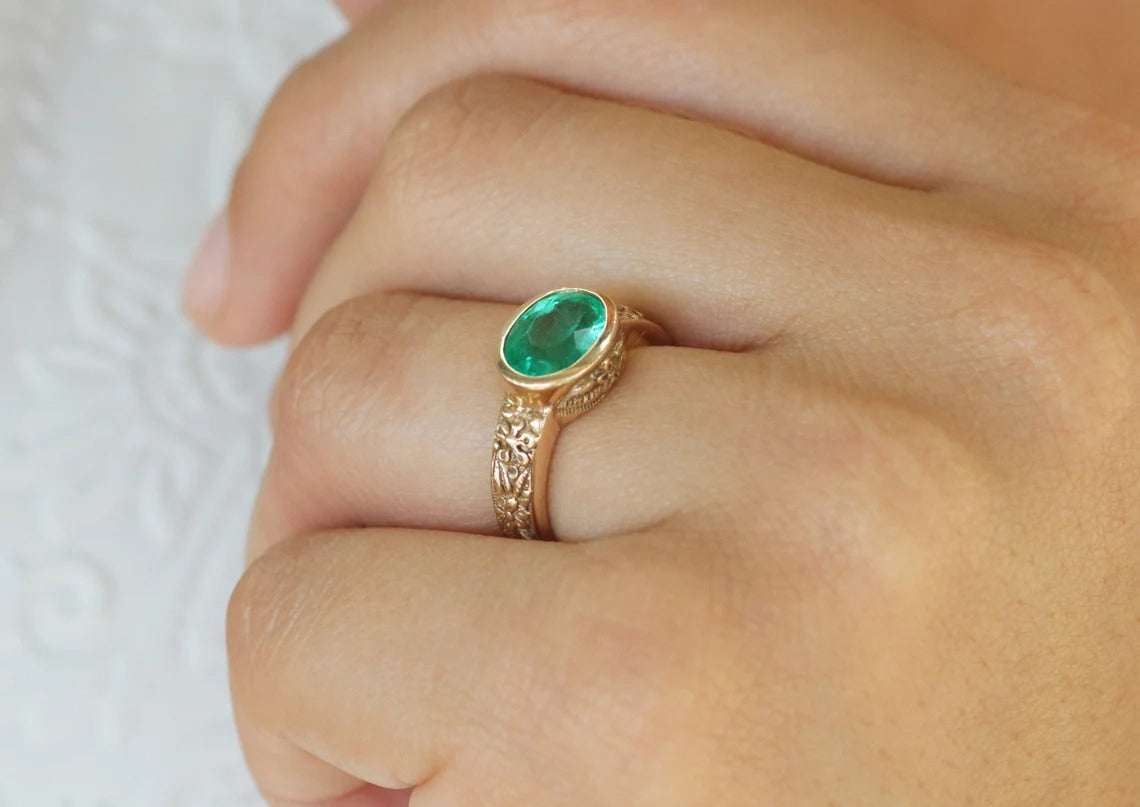 2.10 Carat Oval Emerald Floral Motif Solitaire Gold Ring 14K - JR Colombian Emeralds