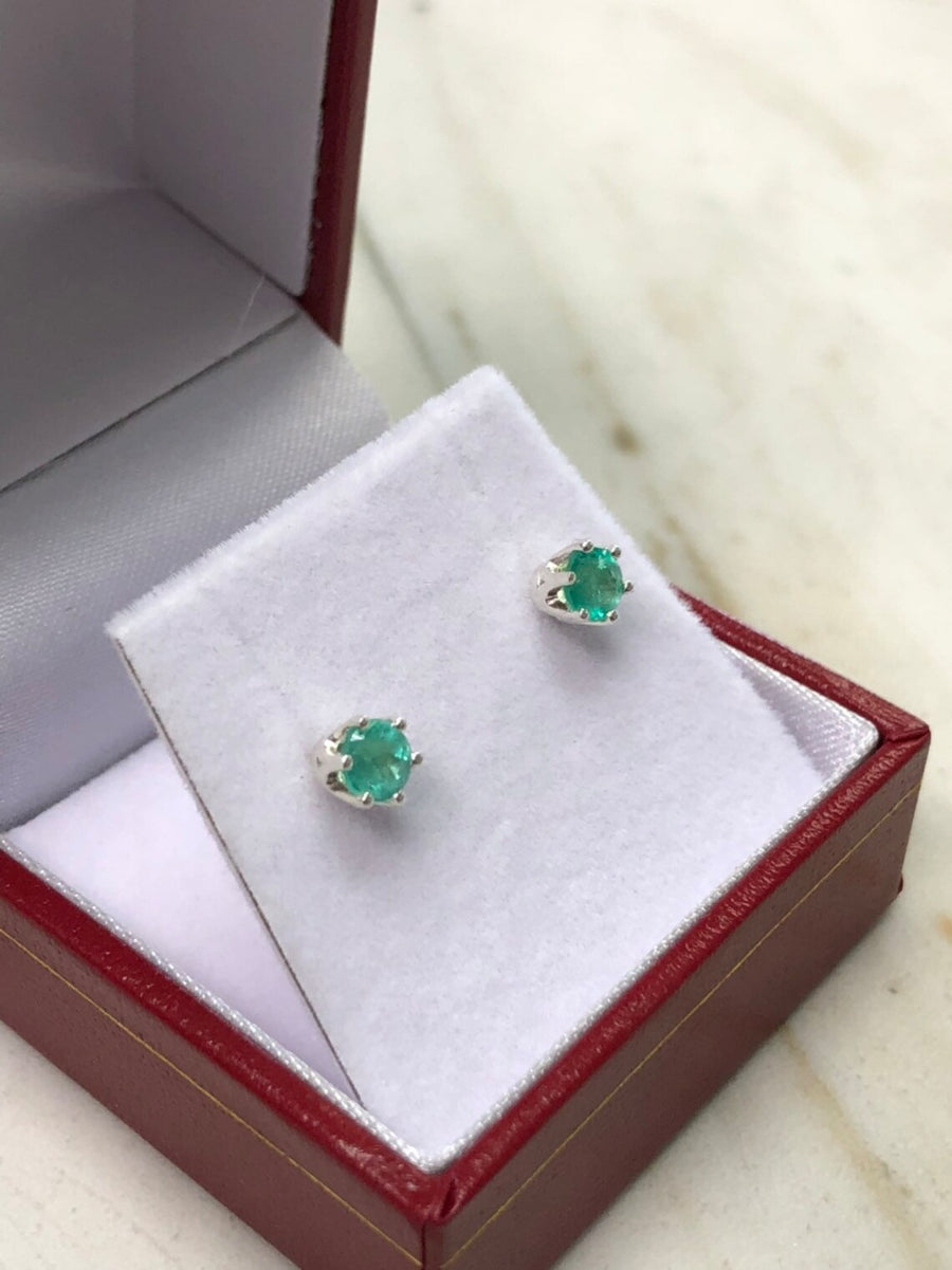 0.60 Carats Emerald Colombian Stud Earrings Round Brilliant Cut Silver 4mm