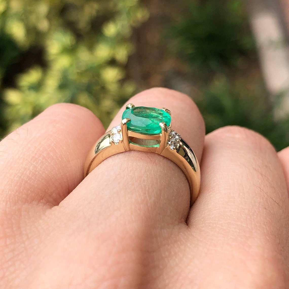 West Oval Emerald & Diamond Accent 18K Wide Band