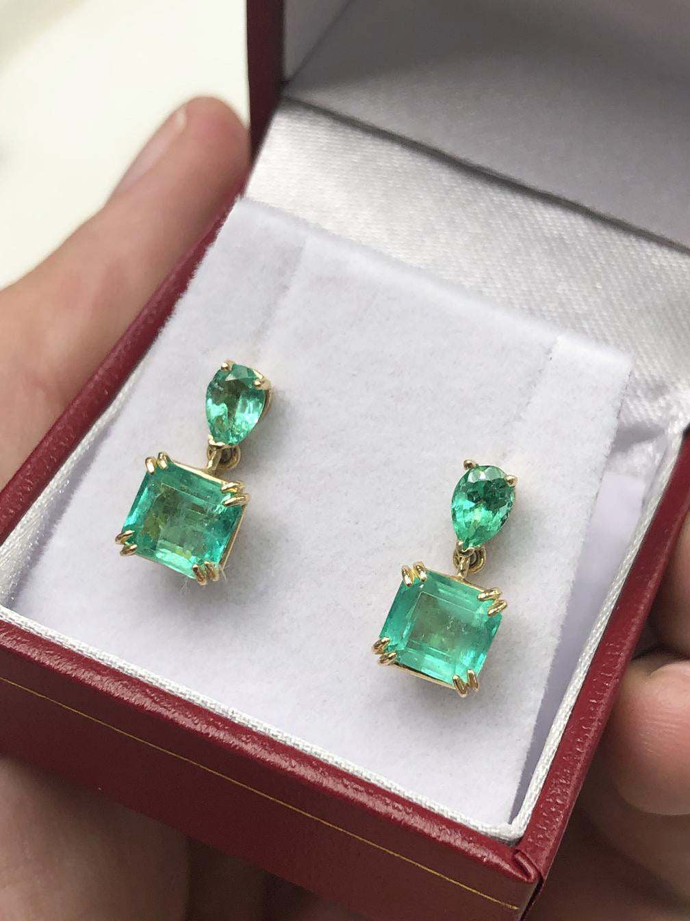 3.40tcw Classy Emerald Emerald Cut & Pear Dangle Earrings 14K