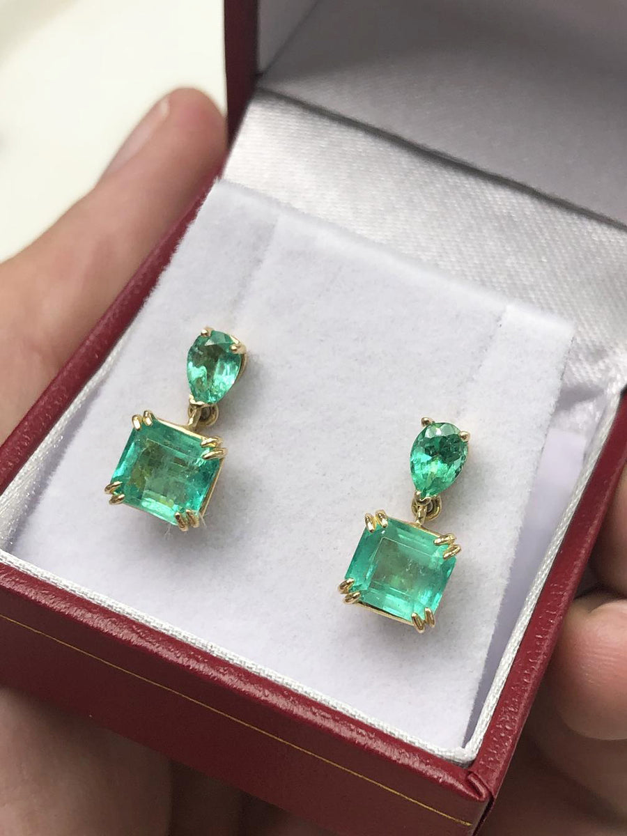 3.20tcw Classy Colombian Emerald Emerald Cut & Pear Dangle Earrings