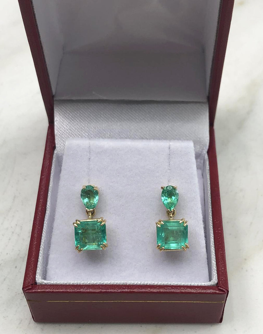 Colombian Emerald Emerald Cut & Pear Dangle Earrings
