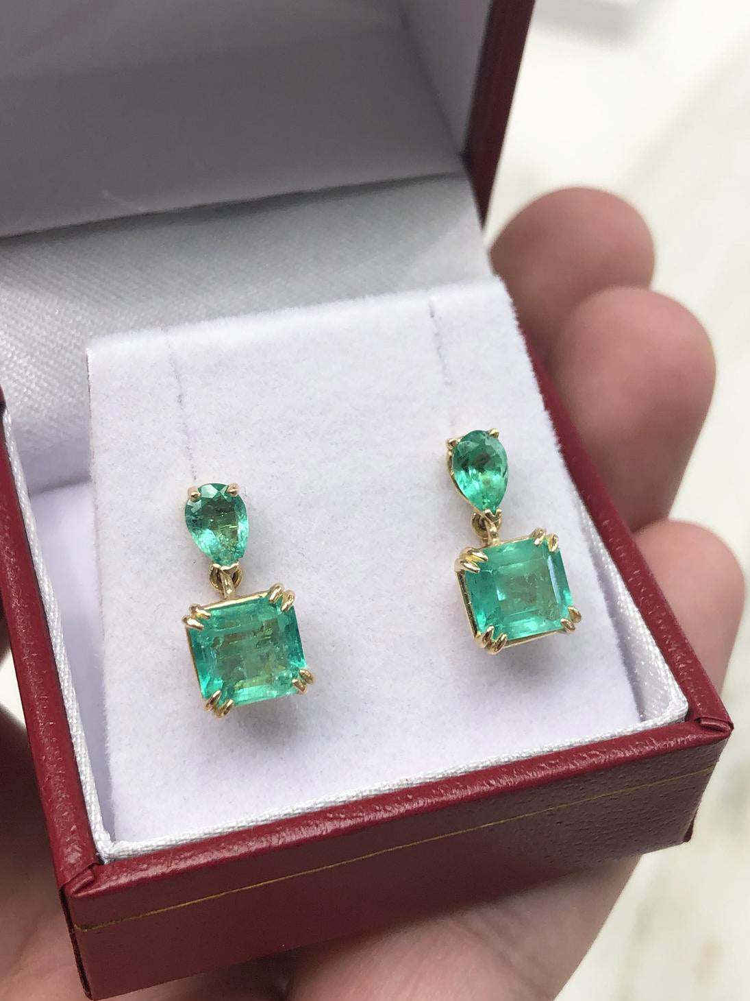 3.40tcw Classy Emerald Emerald Cut & Pear Dangle Earrings 14K