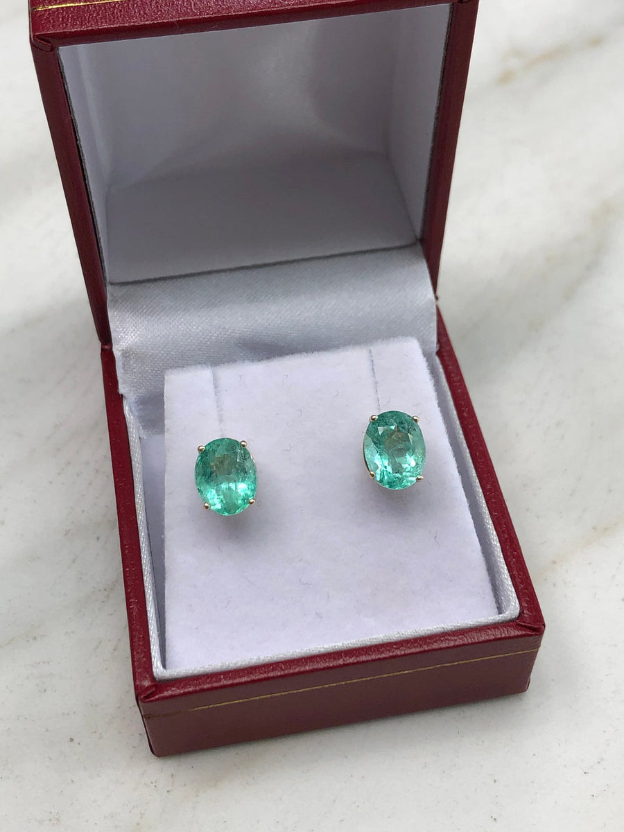 certified Chunky Oval Emerald Stud Earrings Yellow Gold