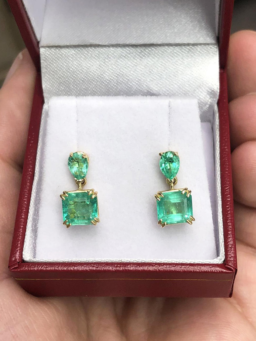 3.40TCW Classy Colombian Emerald Emerald Cut & Pear Dangle Earrings 14K