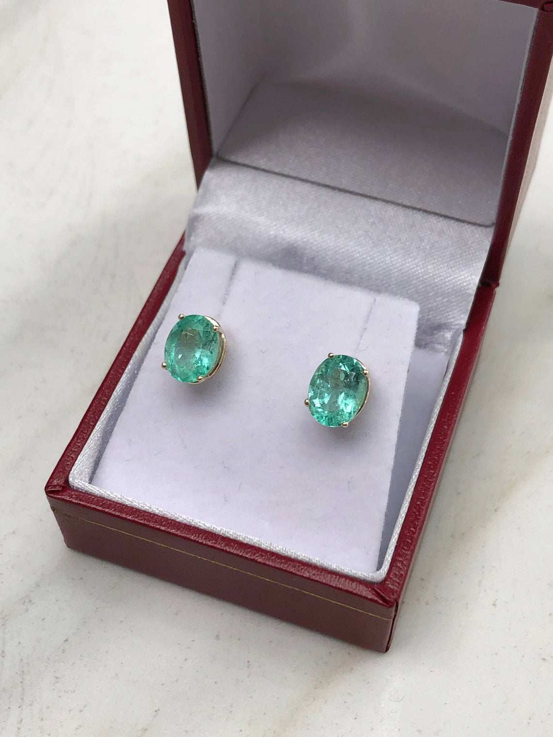 3.30tcw Chunky Oval Emerald Stud Earrings Yellow Gold