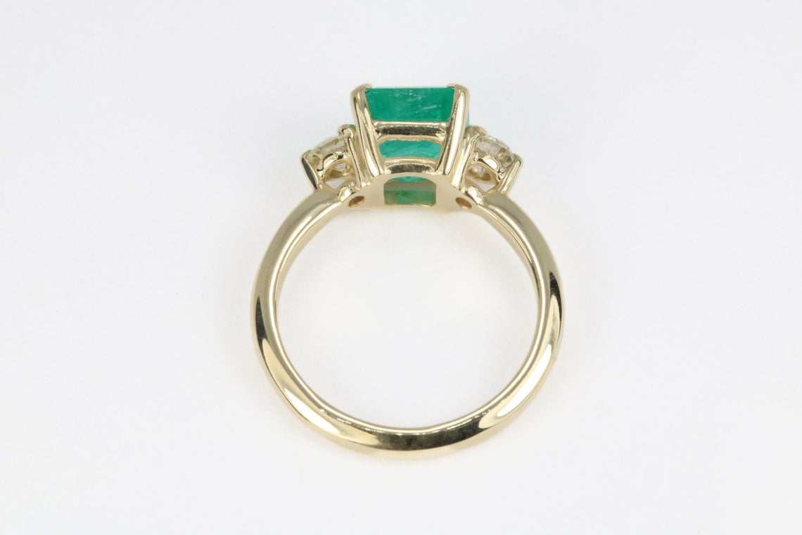 2.52tcw Classic Three Stone Emerald & Diamond Yellow Gold Ring 14K - JR Colombian Emeralds