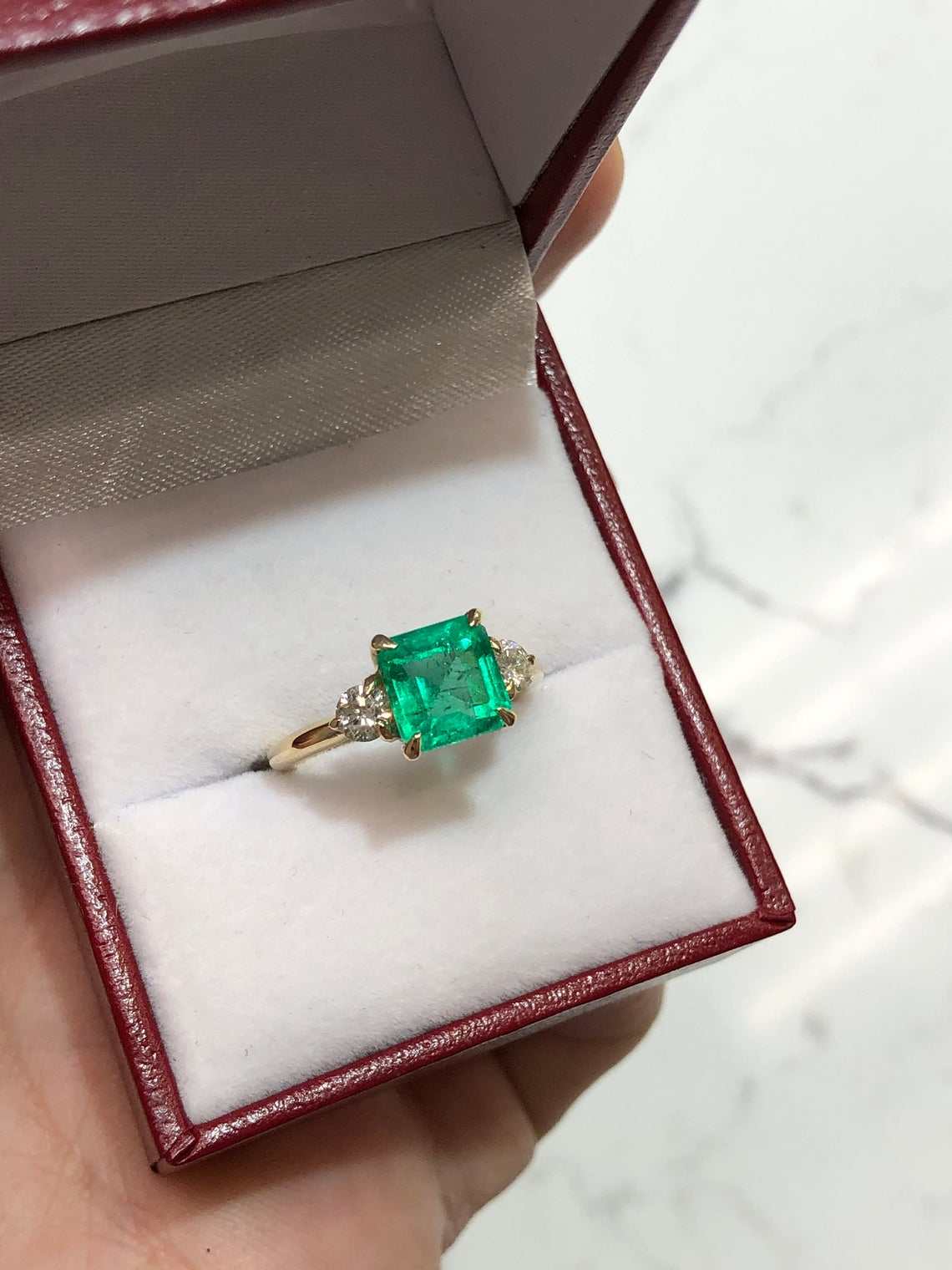 2.52tcw Classic Three Stone Emerald & Diamond Yellow Gold Ring 14K - JR Colombian Emeralds