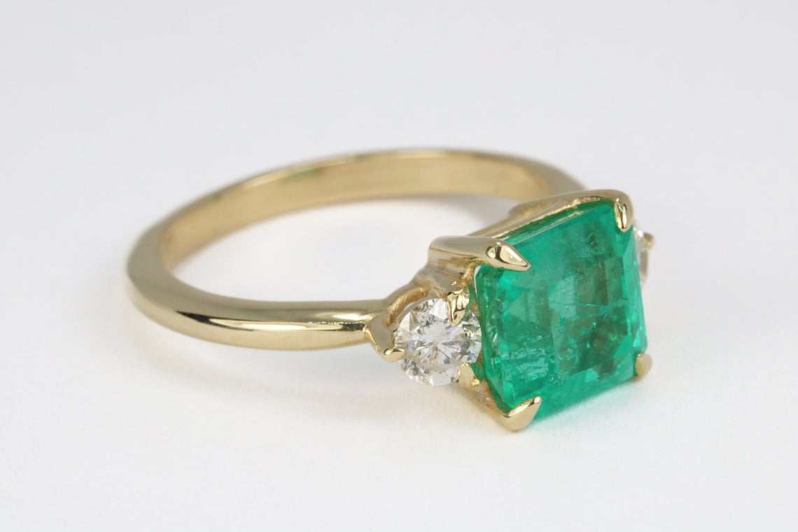 2.52tcw Classic Three Stone Emerald & Diamond Yellow Gold Ring 14K - JR Colombian Emeralds