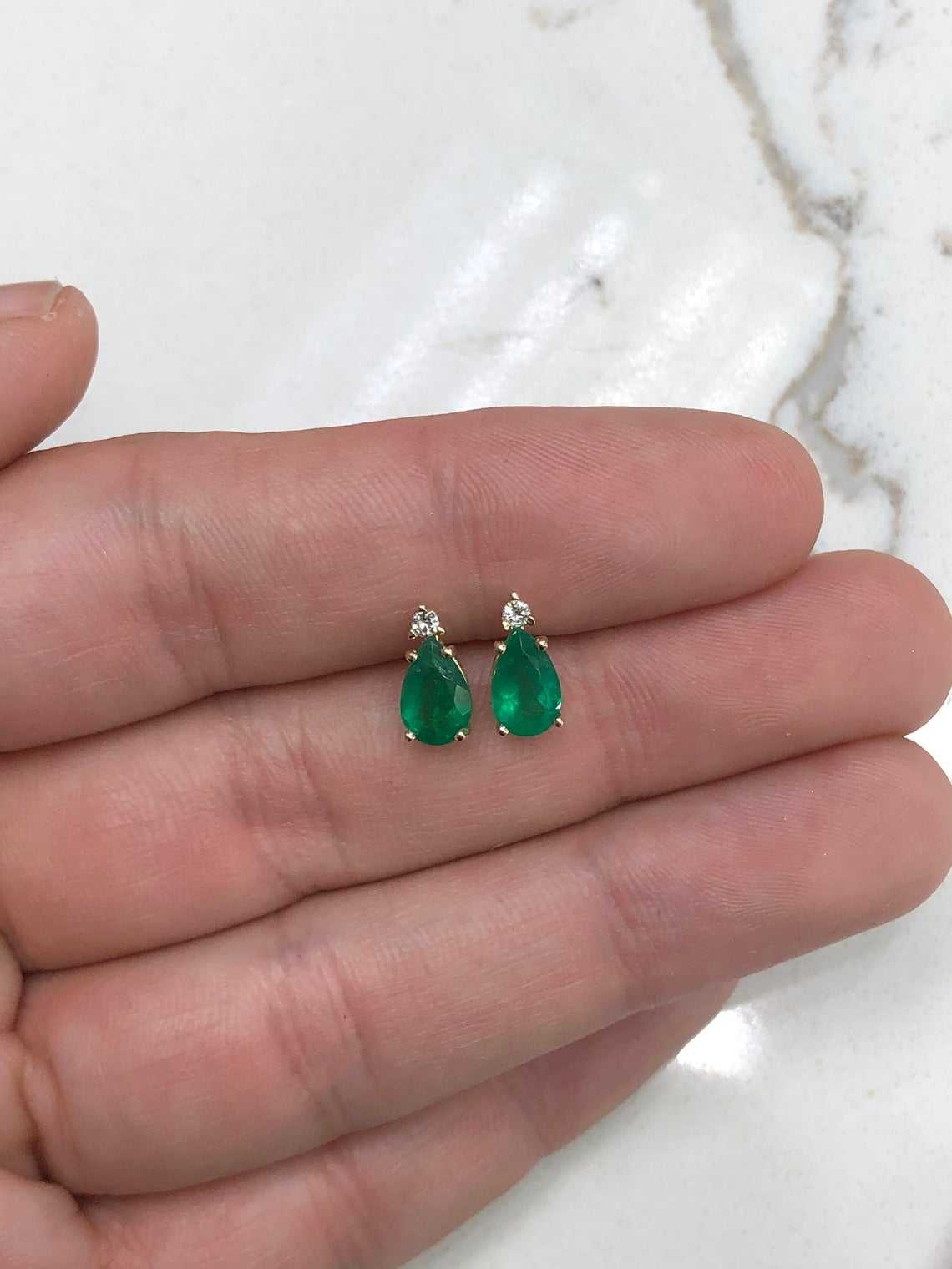 1.66tcw Tear Drop Natural Emerald & Diamond Stud