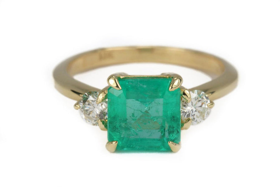 2.52tcw Classic Three Stone Emerald & Diamond Yellow Gold Ring 14K