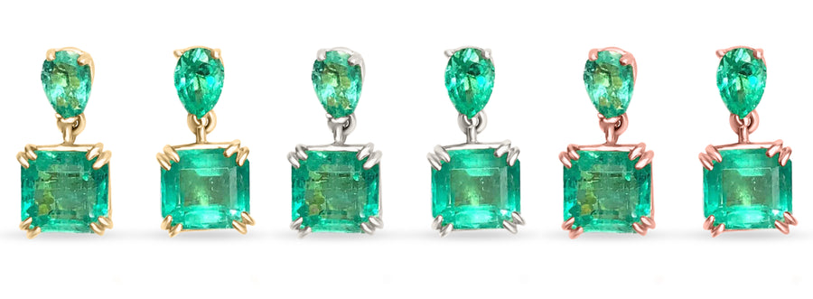 3.40tcw Classy Emerald Emerald Cut & Pear Dangle Earrings 14K