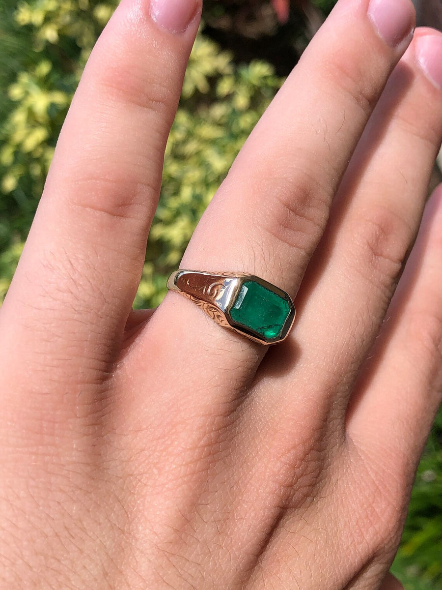 Vintage Mens Emerald East to West Pinky Signet Ring on Hand