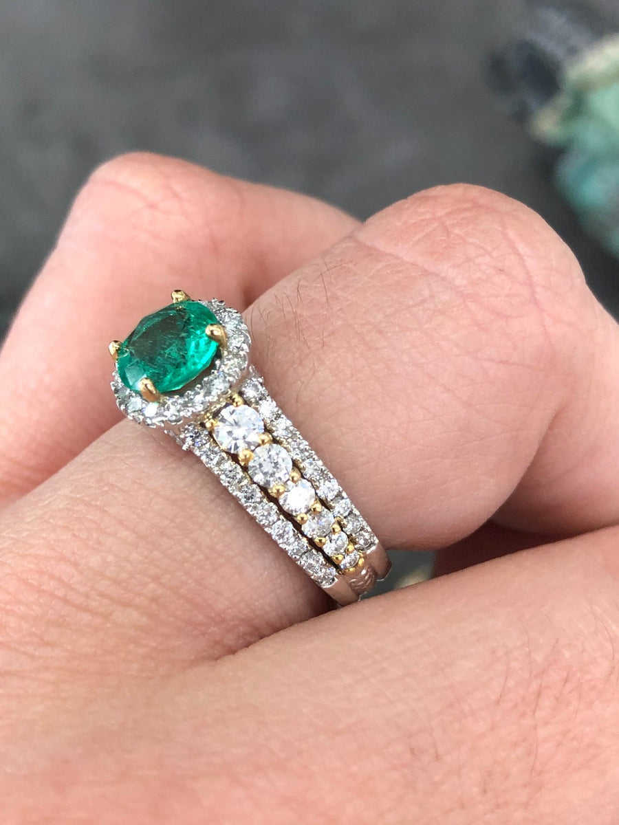 Toned Round Emerald & Diamond Halo Engagement Ring 14K