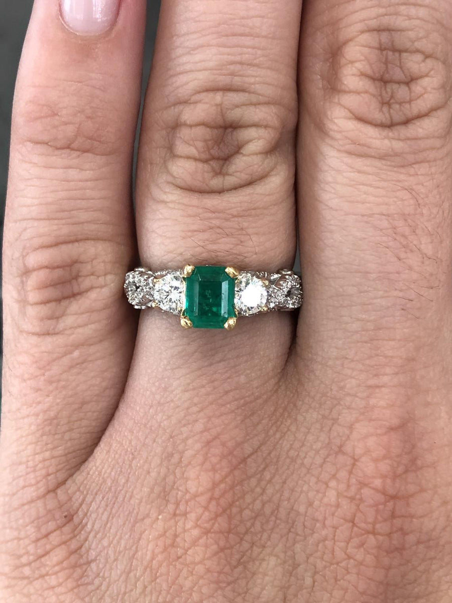Emerald & Diamond Three Stone with Accents