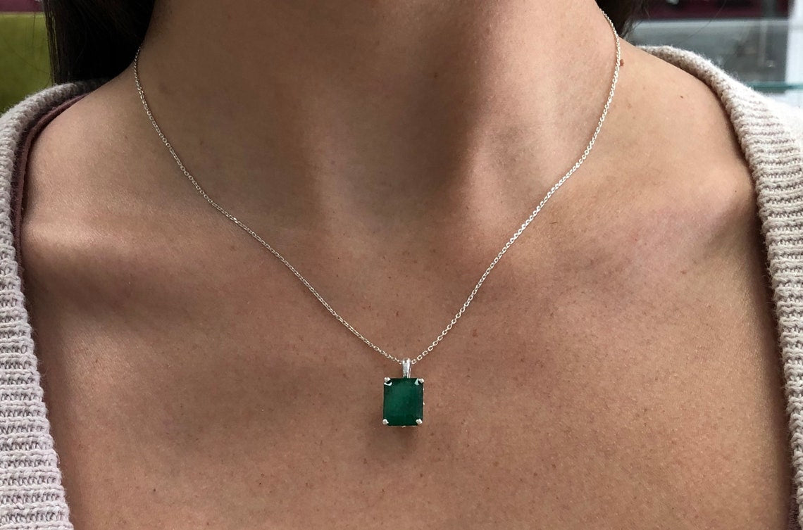 4.30 Carat Dark Green Large Emerald Sterling Silver Pendant on Neck