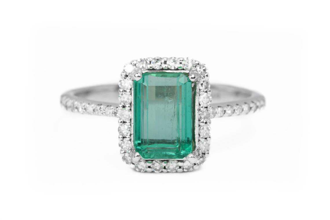 Seaside Radiance: 1.63tcw Sea Green Emerald Pave Diamond Halo Anniversary Ring in 14K Gold