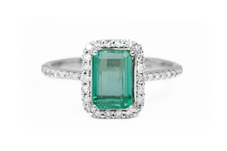 Seaside Radiance: 1.63tcw Sea Green Emerald Pave Diamond Halo Anniversary Ring in 14K Gold