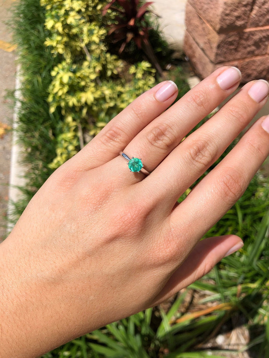 Dazzling Brilliance: 1.17 Carat Round Cut Colombian Emerald Solitaire Engagement Ring