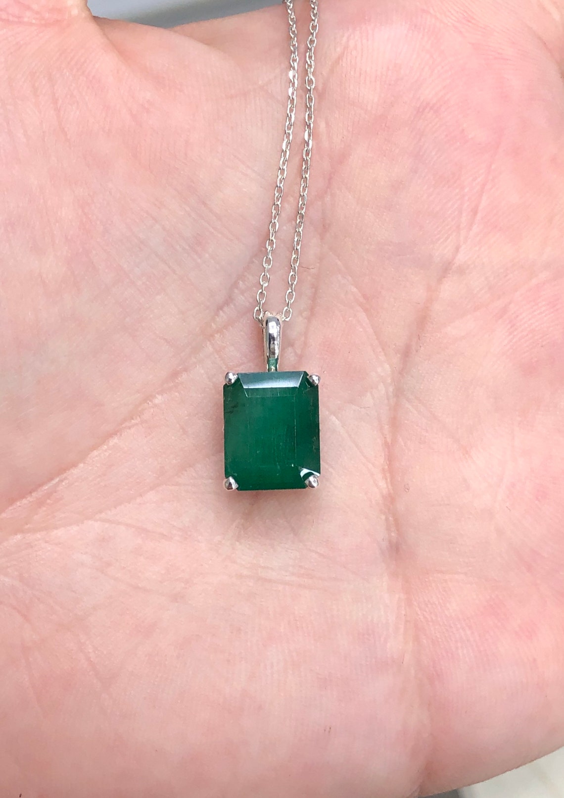 4.30 Carat Dark Green Large Emerald Sterling Silver Pendant Necklace