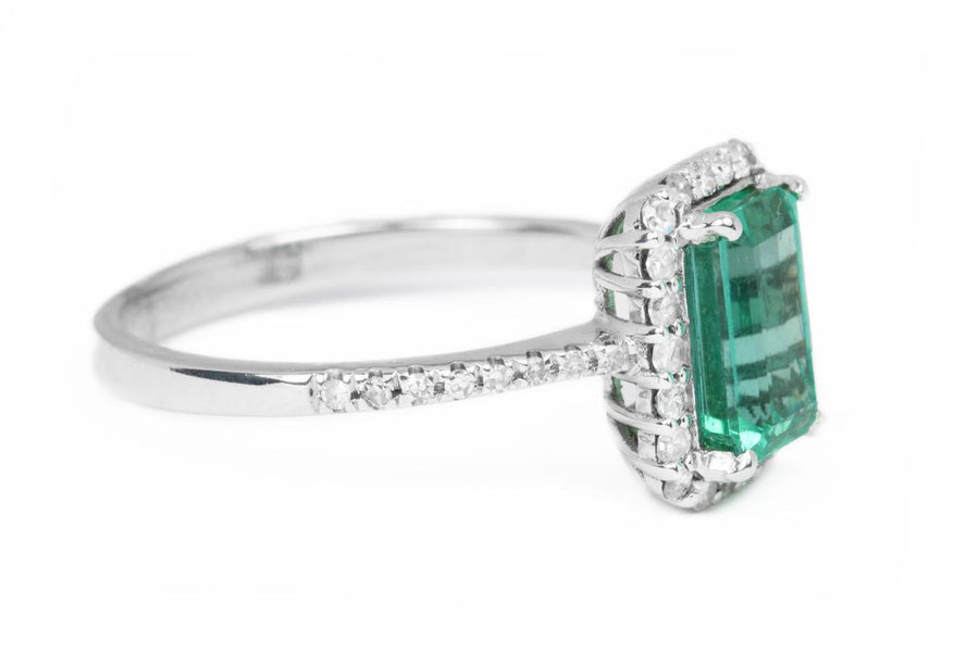 Dazzling Brilliance: 1.63tcw Sea Green Emerald Pave Diamond Halo Ring - 14K Gold Beauty