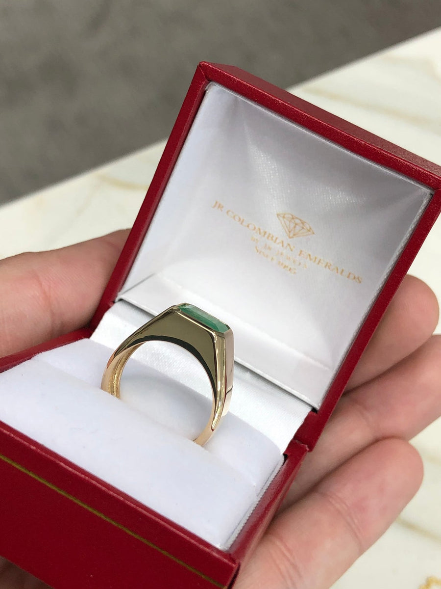 2.40ct Medium Green natural Emerald Bezel Horizontal Gypsy Signet Pinky Ring 14K
