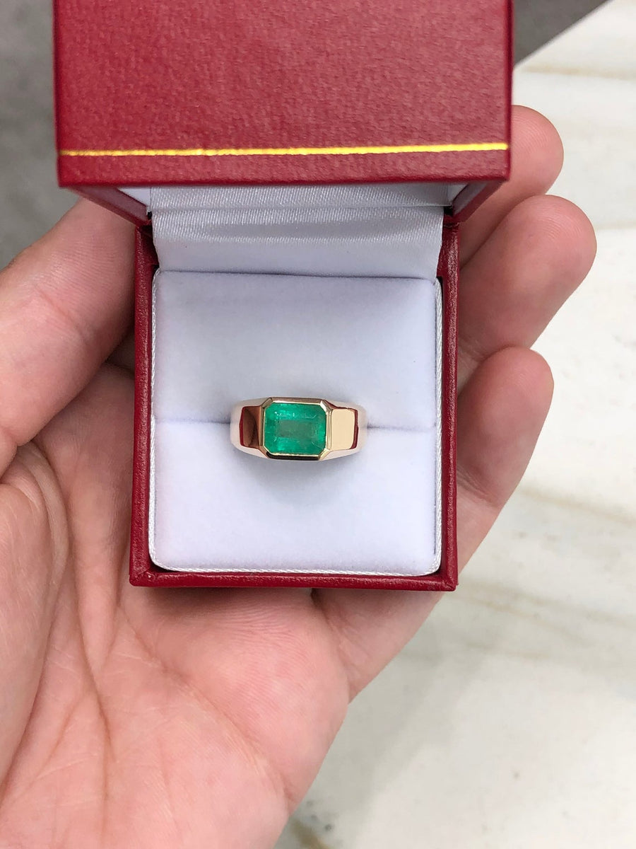 2.40ct Medium Green natural Emerald Bezel Horizontal East To West Gypsy Pinky Ring 14K