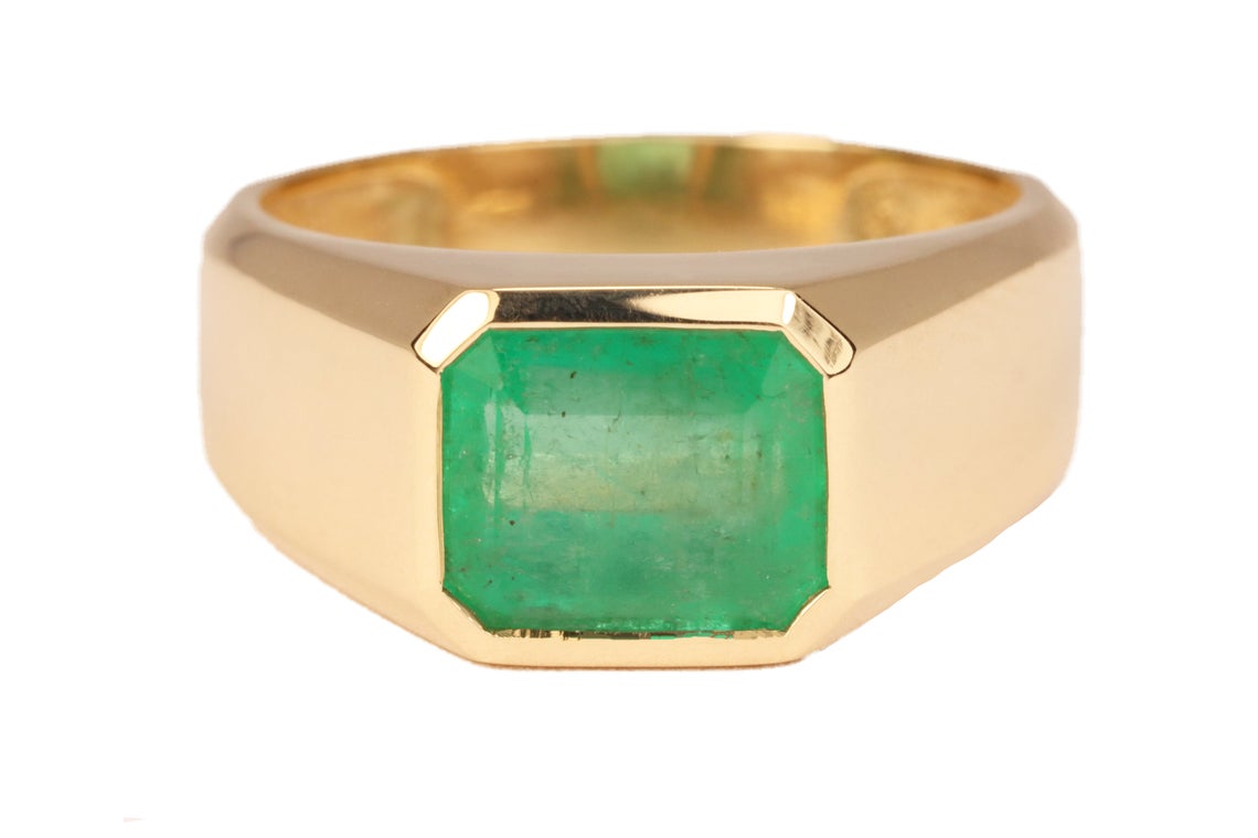 Bold 2.40 Carat Rich Emerald Bezel Horizontal East To West Gypsy Signet Ring 14K