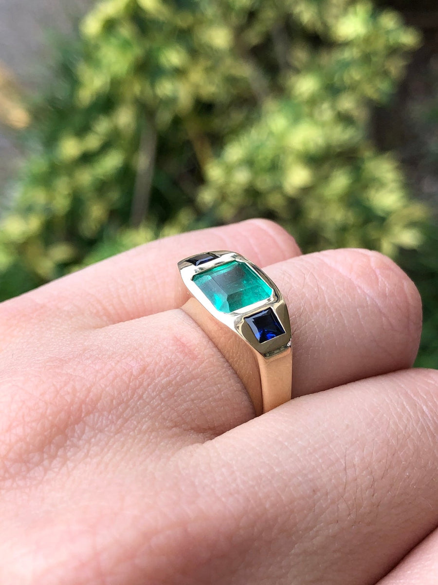 Stone Square Emerald & Blue Sapphire Bezel Gypsy Ring 14K