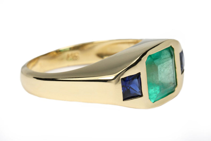 Three Stone Square Emerald & Blue Sapphire Bezel Gypsy Ring 14K