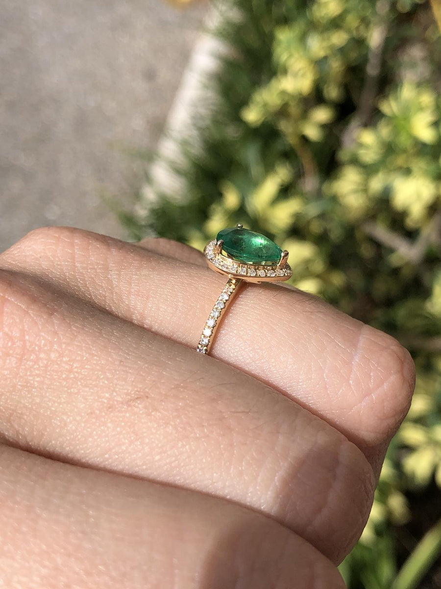 Teardrop Dark Green Natural Emerald Halo Engagement Ring
