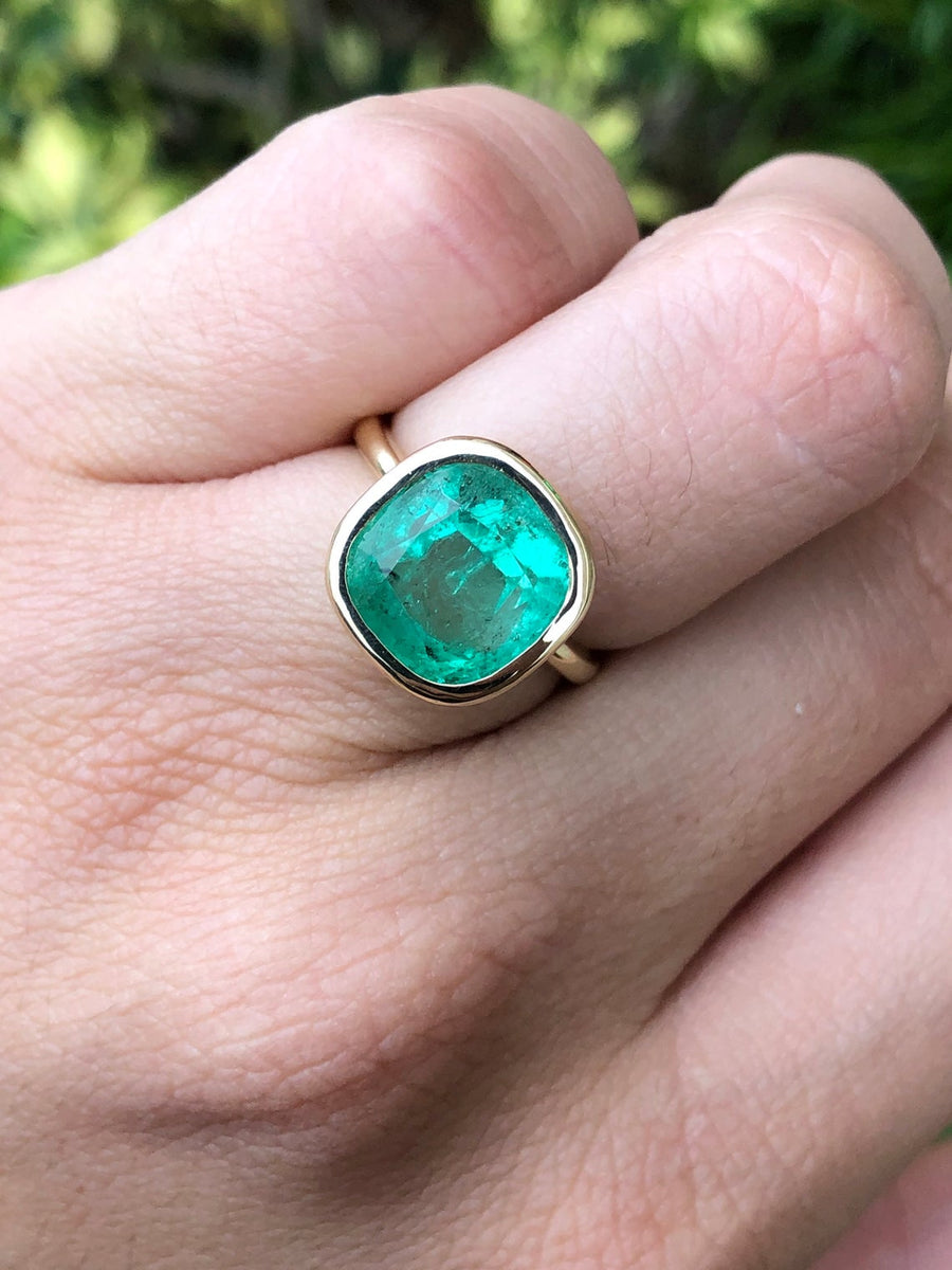 Bezel Set 6.12 carat Cushion shape Colombian Emerald Solitaire 14K ring
