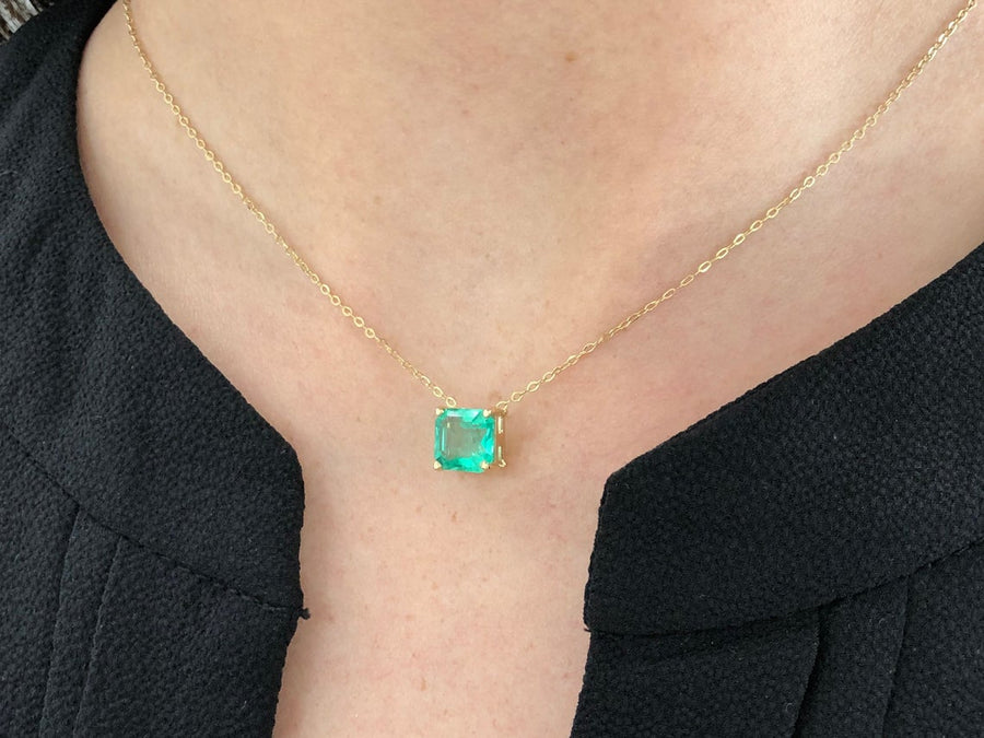 2.50 Carat Solitaire Square Colombian Emerald Slider Cable Chain Necklace 14K